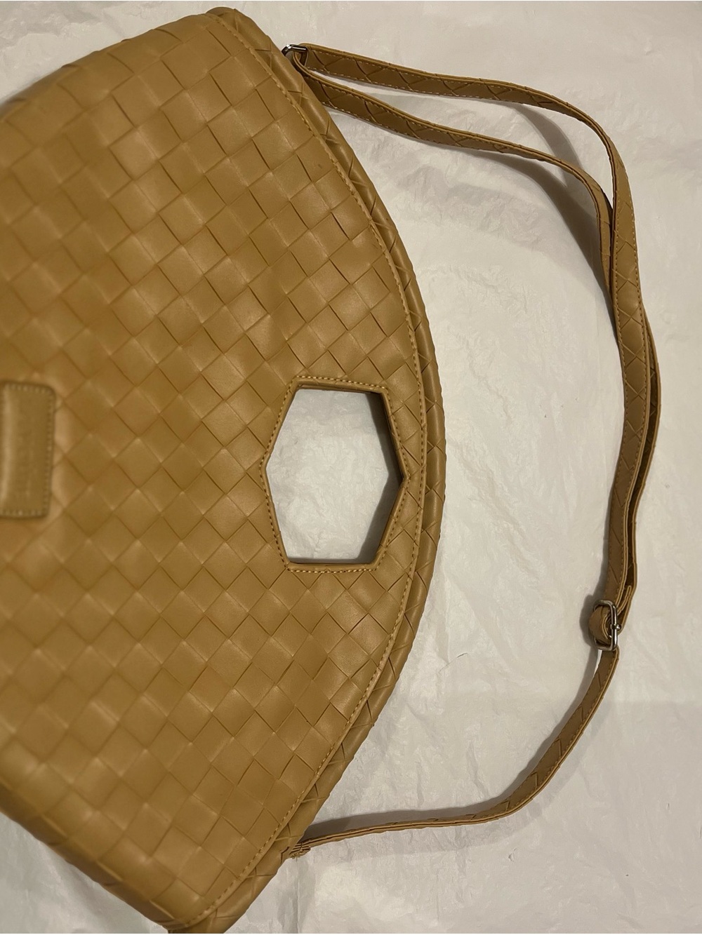 Woven Hex-Handle Shoulder Bag in Tan